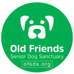 OFSDS logo - a large green circle with the OFSDS logo - a blockprint dog face/ears in white. underneath the face are the words Old Friends Senior Dog Sanctuary ofsds.org